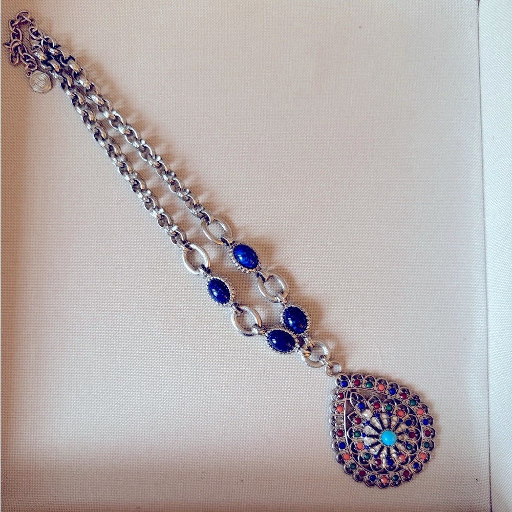 Graziano 1990s Silver Tone Drop Medallion Necklace